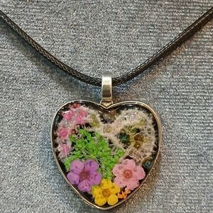 Heart Pendant Necklace with Pink, Purple, Yellow and Green Floral Accent